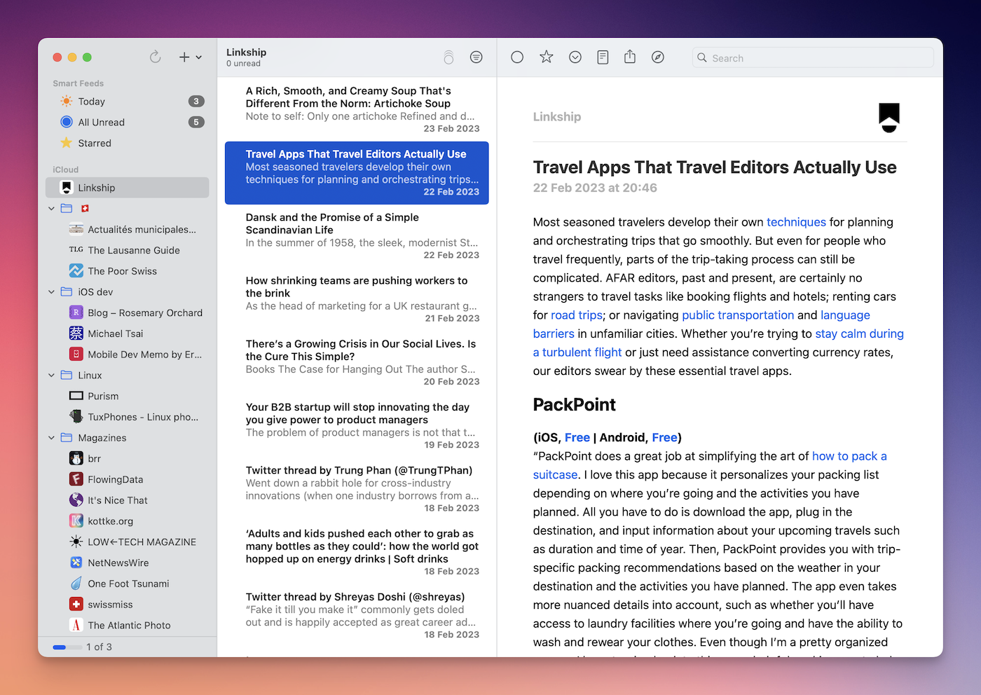 Screenshot of a RSS reader with Linkship feed